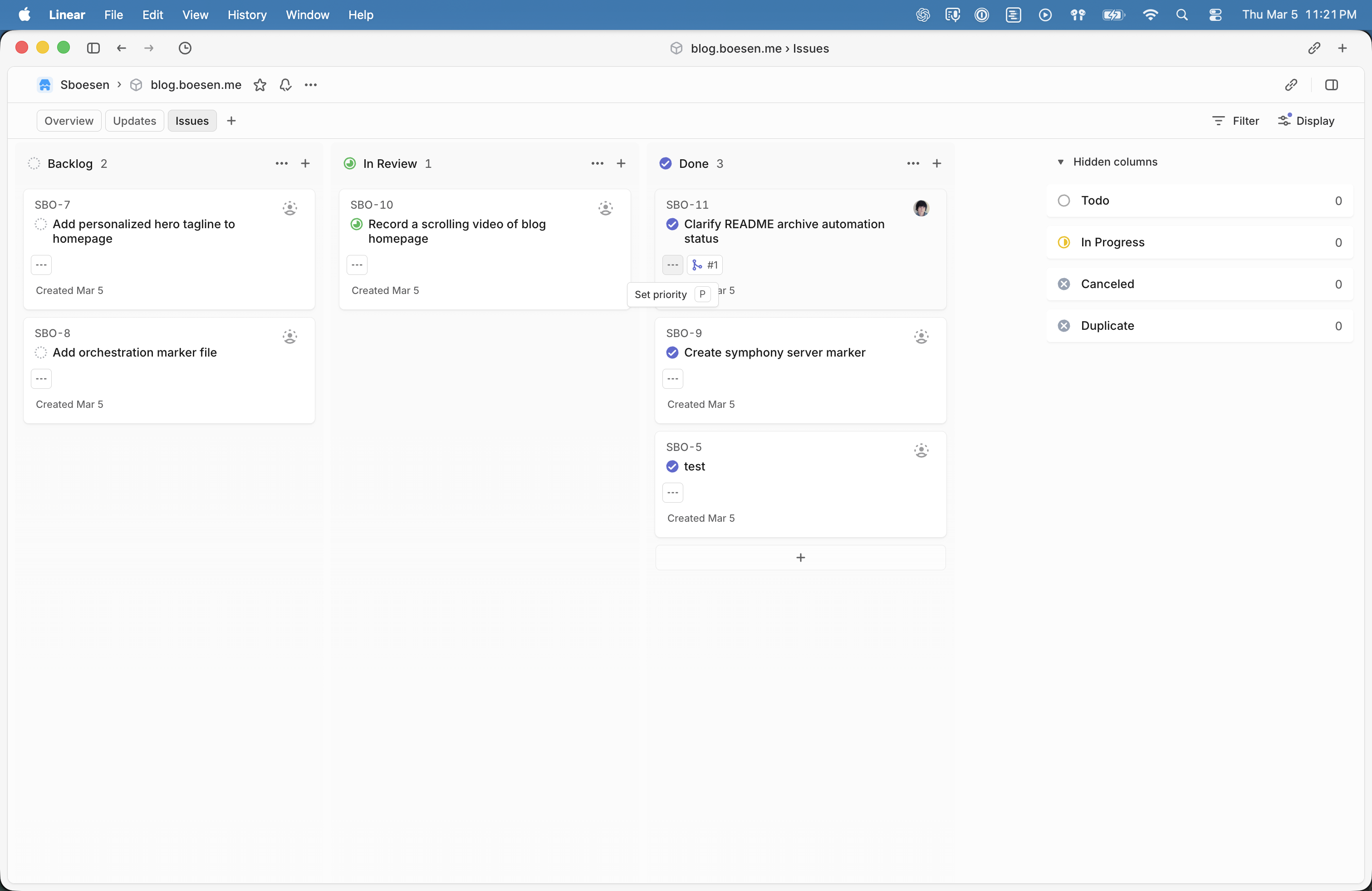 Linear board showing agent work moving through backlog, review, and done.